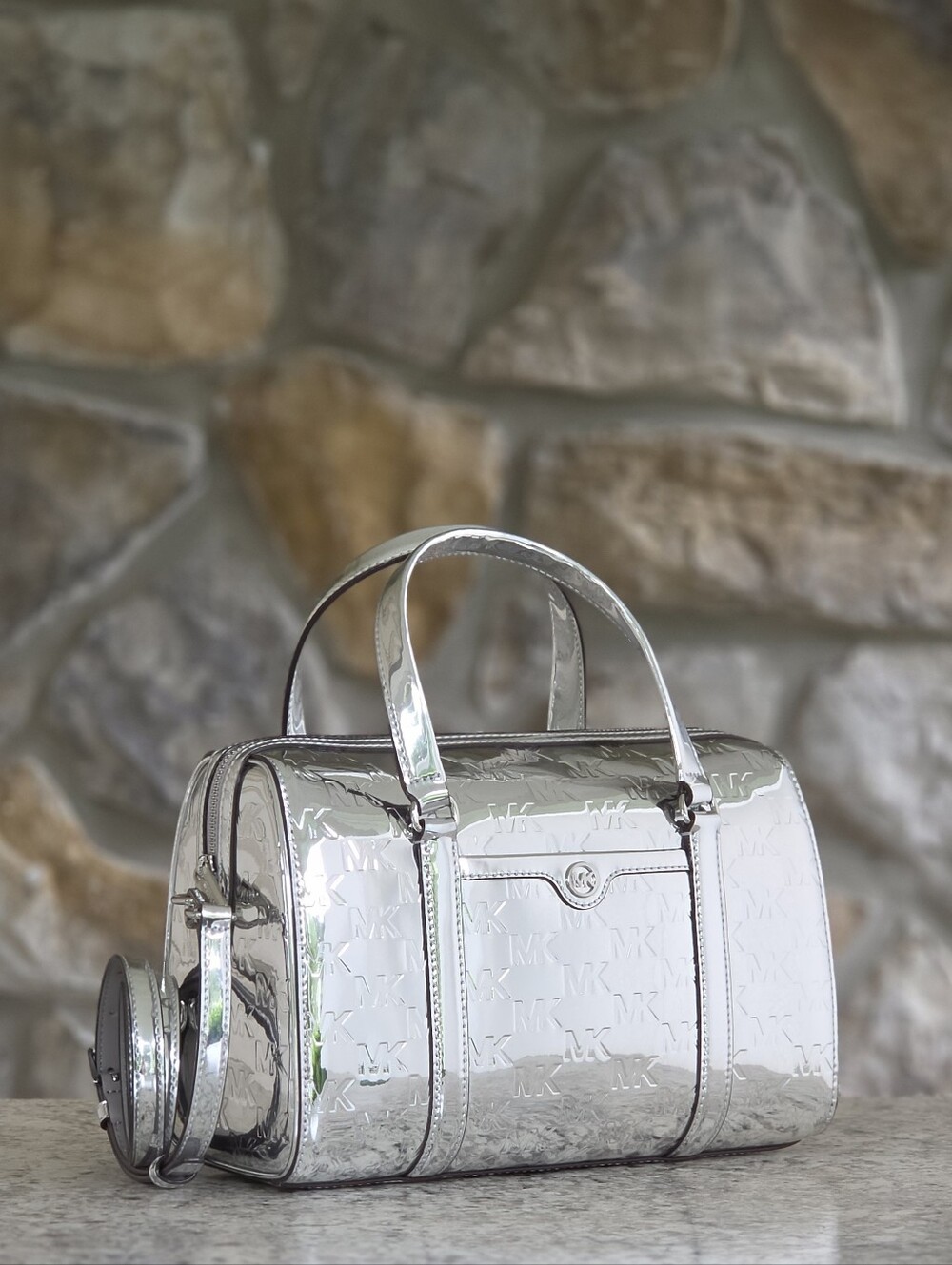 Michael Kors Jet Set Travel Medium Silver Duffle Satchel